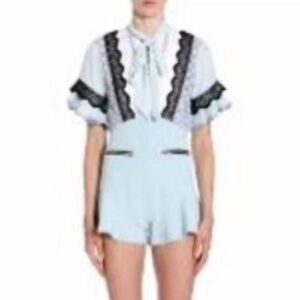 Self-Portrait Light Blue and Black Lace Romper